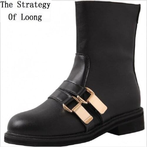 Spring Autumn New Fashion Wild Slim Women Metal Buckle Belt Half Equestrian Boots Winter Ladies Mid-Calf Plush Boots 20200124