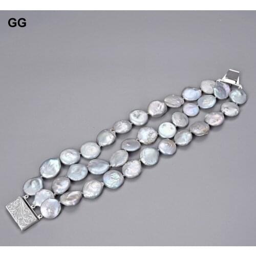 JK 3 Strands 14MM Gray Coin Pearl Bracelet For Women