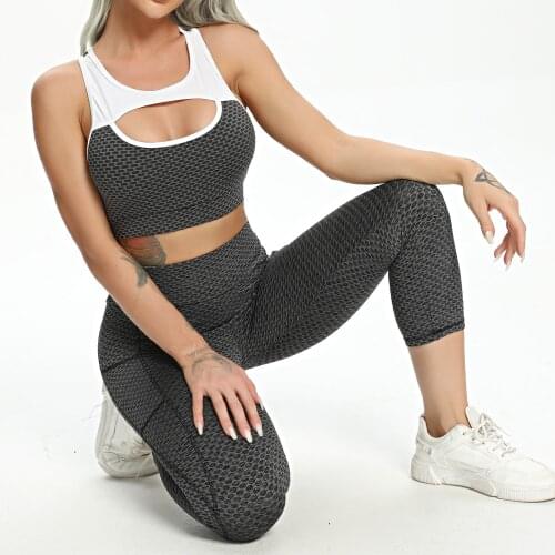 FITTOO Sport Womens Suit For Fitness Crop Top+High Waist Capris Leggings 2 Pcs Pockets Sets Womens Tracksuit Gym Workout Sets