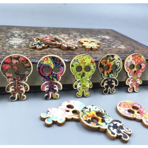 DIY 100PCS Cartoon Wooden Printing Skull skeleton Buttons Sewing decoration craft 30mm