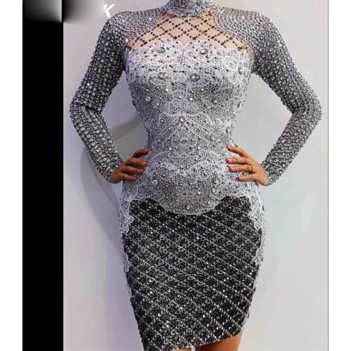 Sparkly Rhinestones Dress Long Sleeve Black Grey Sexy Women Birthday Celebrate Evening Party Dresses Stage Outfit