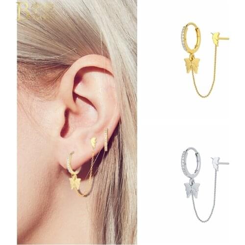 BOAKO 1pcs 925 Sterling Silver Butterfly Earring For Women Pendiente Plata Crystal CZ Hoop Earing Luxury Jewelry Piercing Earing