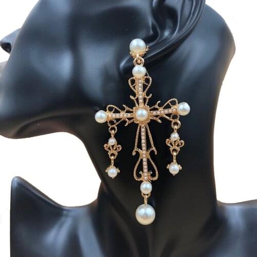 Exknl Baroque Big Cross Earrings For Women Pearl Wedding Drop Long Earrings Jewelry Brincos 2020 Bridal Flower Star Earrings