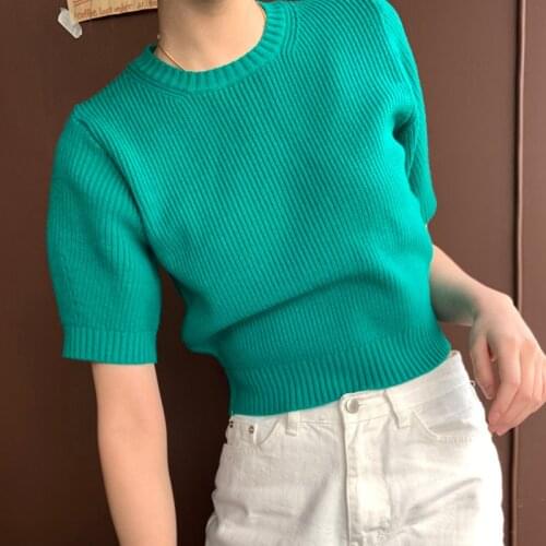 New Short Sleeve Knit Summer T Shirt Women O-neck Pullovers Solid Office lady Simple All Match Tees Femme Chic Short Tops