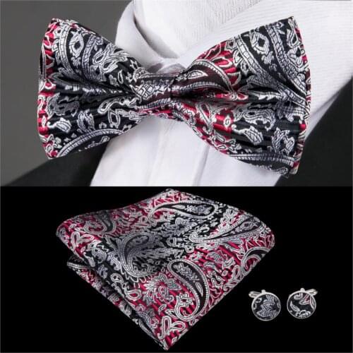 Barry.Wang Bowtie for Men Gray Silk Bowtie Red Butterfly Tie Paisley Bow Set Handkerchief Cufflinks Pre-Tied Bowtie for Wedding