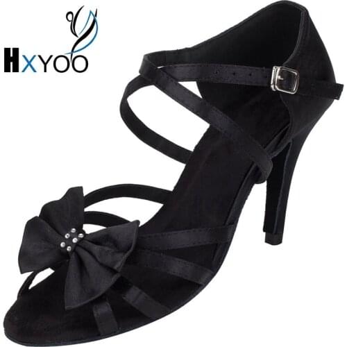 HXYOO 2018 New Arrived Satin Latin Dance Shoes Women Salsa Ballroom Shoes Tango Black Gold Silver Soft Sole Professional WK030