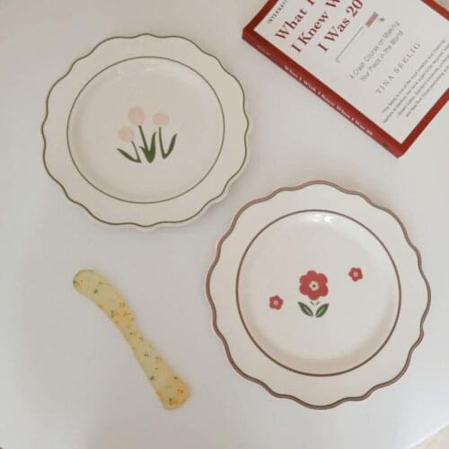 Retro little red flower ceramic vintage tulip dessert plate cake household dish nordic dishes