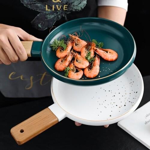 Nordic Creative Steak Western Food Plate Household Pasta Plate Ceramic Plate with Wood Handle Breakfast Bread Flat Plates