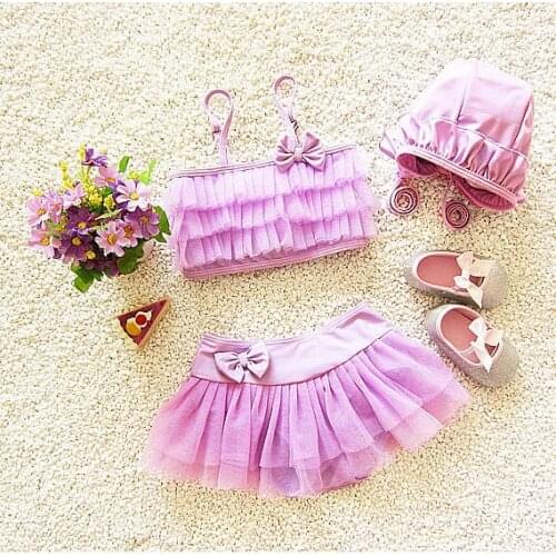 Baby Kids Girls Bikini Three Pieces Swimming Suit Bowknot Split Top + Skirt + Hat Swimwear Summer Beach Children Swimsuit SA4002