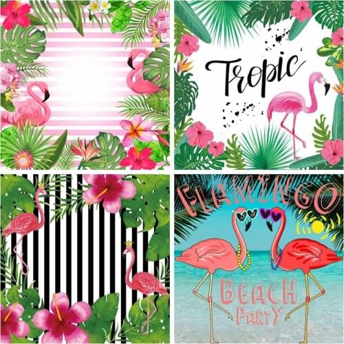 Laeacco Pink Flamingo Birthday Party Tropical Jungle Palms Tree Leaves Poster Baby Photo Background Photo Backdrop Photo Studio