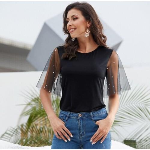 Summer womens new beaded mesh yarn stitching speaker short-sleeved round neck Slim T-shirt female W575