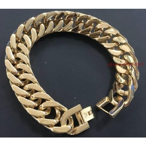 Mens Jewelry Gift Gold Tone Stainless Steel High Quality Curb Chain Bracelet 15mm8.66"