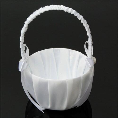 Small Romantic White Satin Bowknot PEARL Flower Girl Basket Wedding Ceremony Party Rose Flower Girl Makeup Basket Gift