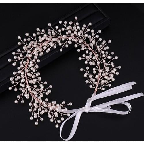 New Rose Gold Color Bridal Hair Accessories Pearl Handmade Wedding Headbands Ribbon Tiaras Hairbands Women Hair Jewelry Hot Sale