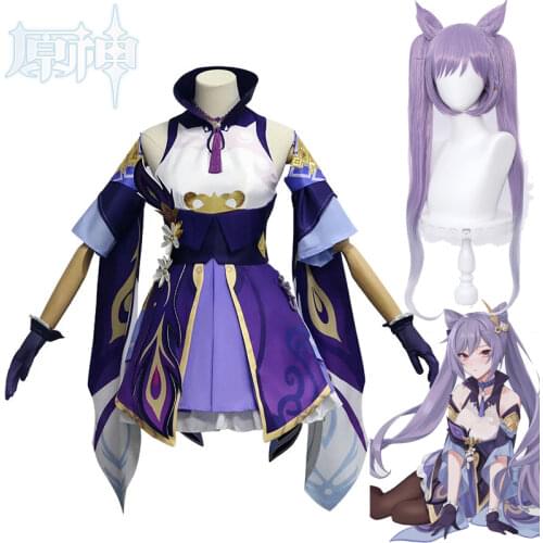 3pcs Game Genshin Impact Keqing Cosplay Costume Wig Props Accessories Christmas Present