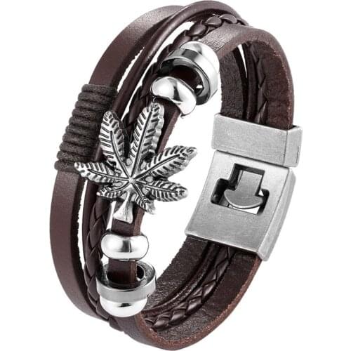 2020 Hot Trendy Leather Bracelet Men Braided Multilayer Bracelets Ladies Maple leaf Rope Chain for Male Jewelry Classic Pulseira