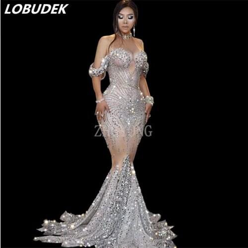 Luxury Stylish Silver Crystal Mermaid Sequins Dress Singer Host Evening Party Rhinestones Long Dress Prom Birthday Catwalk Dress