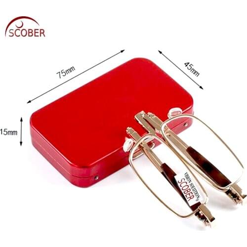 = SCOBER = Steel case slim narrow portable folding golden metal frame reading glasses +1 +1.5 +2 +2.5 +3 +3.5 +4
