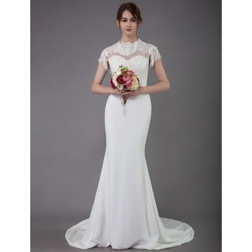 Boho Wedding Dresses 2020 Jewel Neck Short Sleeve shoulder tassels Mermaid Bridal Gown With Train