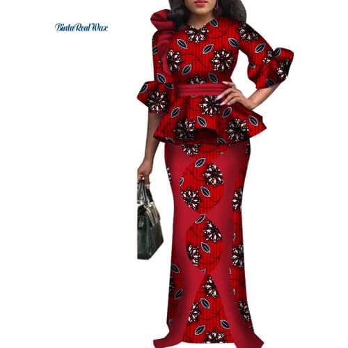 Traditional African Women Clothing 2 Pieces Skirts Sets African Bow Tie Top and Skirts Sets for Women Bazin Riche WY4160