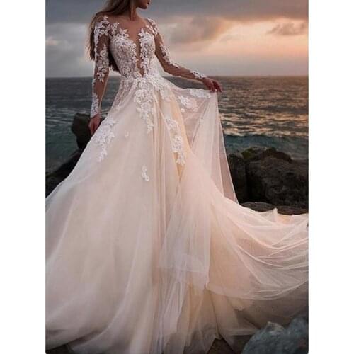Vintage Champagne Tulle Wedding Dress Beach Appliques A Line Bridal Gown Illusion Lace Long Sleeves Vestido De Novia