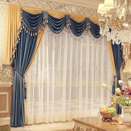 European style retro style curtain noble high end Swan flannel dark blue thickened shading whole bedroom living room