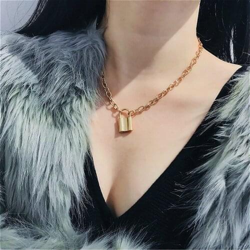 Gold Color Chain Neclace Jewelry Women Punk Padlock Pendant Necklace Choker Collar Lover Lock Dangle