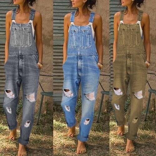 Rompers Womens Jumpsuit Stylish Holes Jeans Strap Overall Women Vintage Girl Denim Bib Pants Streetwear Macacao Feminino S-5XL