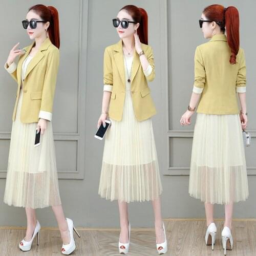 Ladies suit spring and autumn new fashion temperament suit elastic waist dress mesh pleated skirt two-piece temperament women