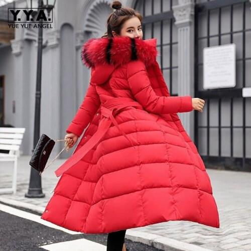 Winter Maxi Long Jacket Women Faux Fur Collar Hoody Sashes SlimFit Female Parka Warm Outerwear Coat Belted Thicken Overcoat Coat
