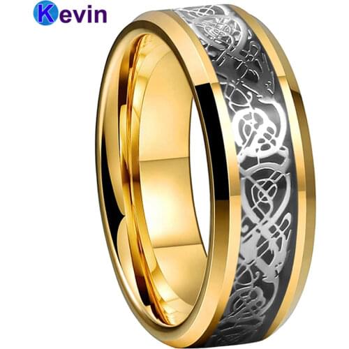 Women Men Gold Tungsten Wedding Bands With Black Carbon Fiber And Dragon Inlay 8MM Comfort Fit