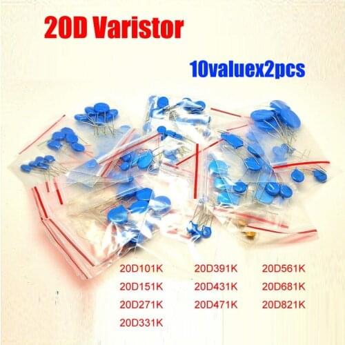 10valuesX2pcs=20pcs Voltage Dependent Resistor Kit 20D101K 20D471K 20D561K etc. Varistor Resistor Pack
