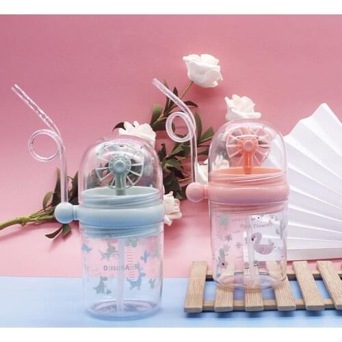 250ml Kids Cartoon Print Windmill Baby Feeding Bottle Drinking Cup with Straw