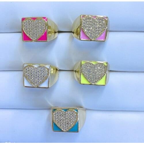 5pcs/lot Enamel CZ Heart Shape Drop Oil Adjustable Brass Women Ring For Jewelry