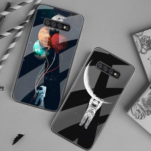 Cartoon Space Moon Astronaut Phone Case Tempered Glass For Samsung S20 Plus S7 S8 S9 S10 Plus Note 8 9 10 Plus