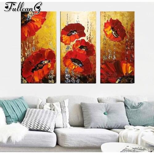 FULLCANG Graffiti red flowers large size triptych 5d diy diamond painting mosaic embroidery kit full square round drill FC0302
