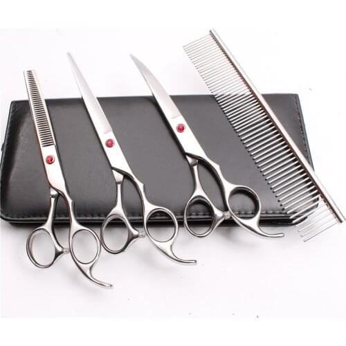 4Pcs Suit 7 inch 19.5cm JP Comb + Cutting Shears + Thinning +Down Curved Shears Professional Pets Flur Clipping Scissors Set