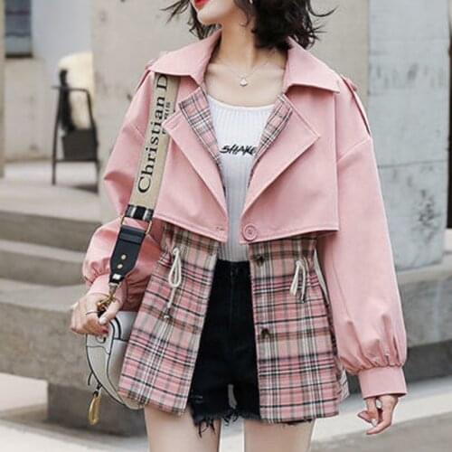 Autumn Tweed Jacket Women Windbreaker Spliced Plaid Fake Two Piece Loose Mid Long Vintage Fashion Outwear Female Celebrity Coat