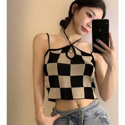 Summer Vintage Sexy Women Slim Fashion Tops Punk Gothic Backless Hot Girl Plaid Knitted Sling Vest
