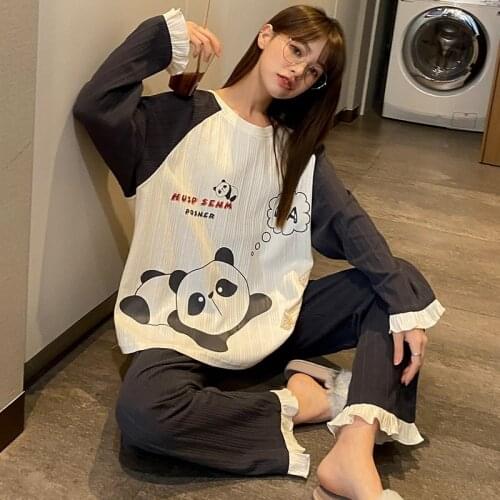 Autumn Women Pyjamas Sets Long Sleeve Cartoon Panda Sleepwear Korean Pijama Mujer Girl Leisure Wear Homewear Two-Piece Sets