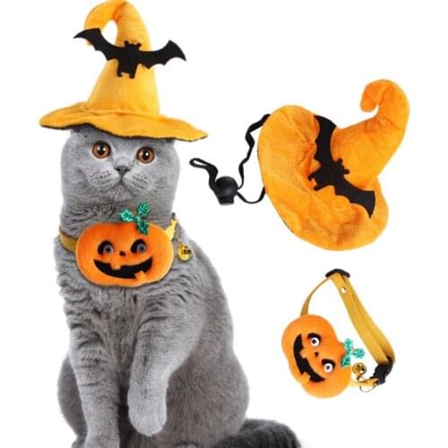 Halloween Dog Collar NecklaceAdjustable Collar And Hat Lovely Cats Halloween Pumpkin Pet Supplies Hot Sell