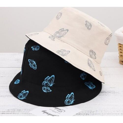 Women Butterfly Print Double Sided Summer Bucket Hat Foldable Sun Hat Cap Hip Hop Fishing Cap Outdoor Hat Gift