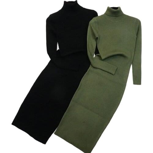 2021 New Autumn Winter Fashion Women Party Dress Knit Style Long Sleeve Turtleneck Sweater Dress Slim Work Wear Office Dress