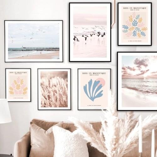 Beach Wave Sunset Grass Calm Bird Nordic Poster Abstract Paper Cut Wall Art Print Canvas Painting Decor Pictures For Living Room