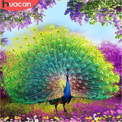 HUACAN Full Square/Round Diamond Painting Peacock Animal Cross Stitch Diamond Mosaic Lilac Decoration For Home