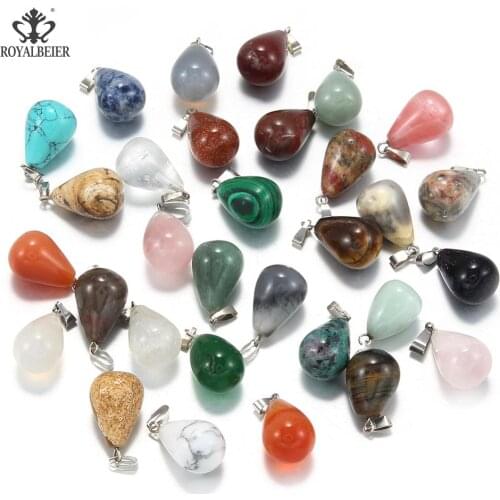 ROYALBEIER 10PCs Natural Stone Mixed color Water Drop Pendant Pear Shape Bead Crystal Quartz Pendants for Necklace Women Jewelry
