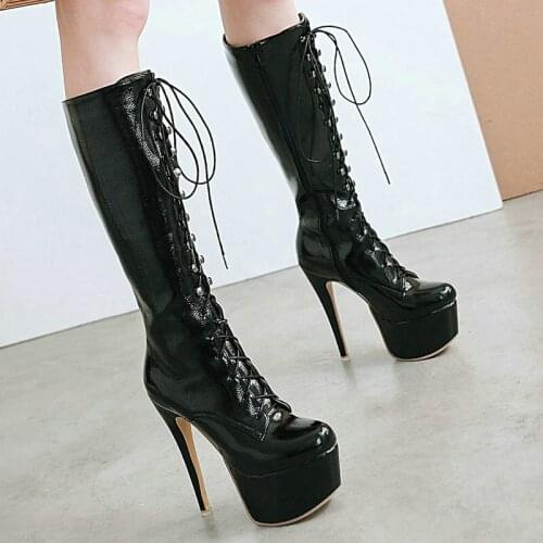Red Black White Sexy Women Knee High Boots 14CM Super High Heel Platform Boots Ladies Motorcycle Boots Punk Style Knight Boots