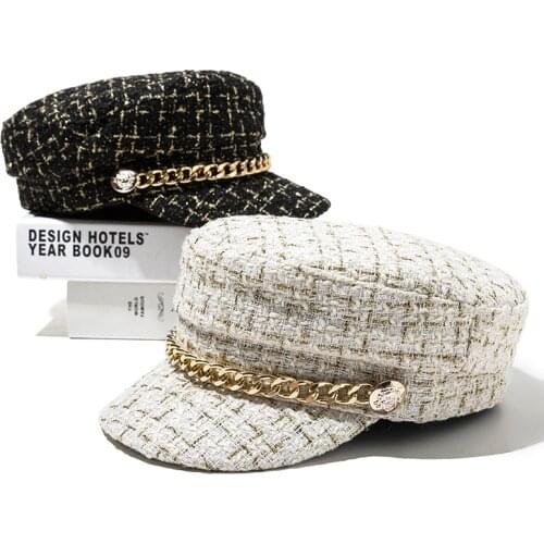 Women Ladies Plaid Chain Button Hat Leisure Lady Octagonal Hat Visors Cap