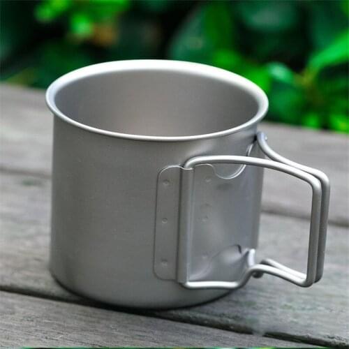 Outdoor Portable Mug Picnic Water Cup Camping Supplies Ultralight Titanium Cup With Foldable Handle Mug Tableware Cooking Pot