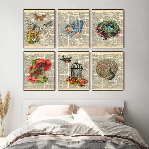 Vintage Art Birds Animal Butterfly Wall Art Canvas Painting Nordic Posters And Prints Retro Paper Wall Pictures Decor For Living